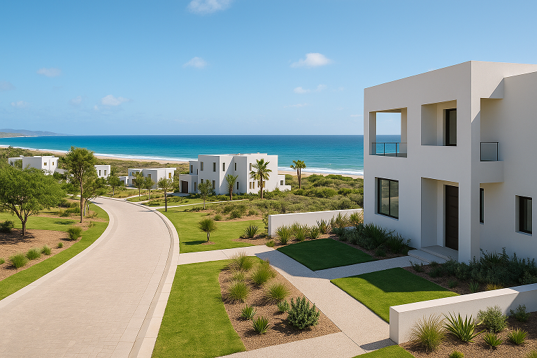 Vista de desarrollo residencial moderno frente al mar en Baja California