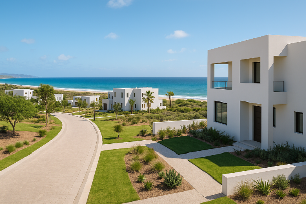 Vista de desarrollo residencial moderno frente al mar en Baja California